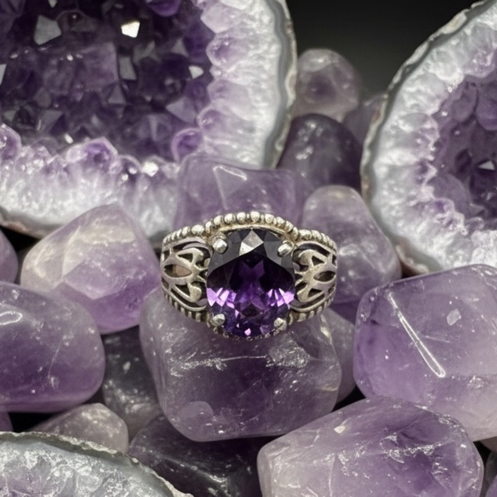Vintage stamped Amethyst Sterling silver Ring 8.5 10.10 G - Picture 1 of 12